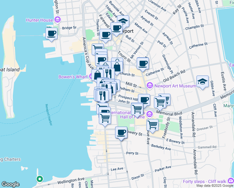 map of restaurants, bars, coffee shops, grocery stores, and more near 209 Spring Street in Newport