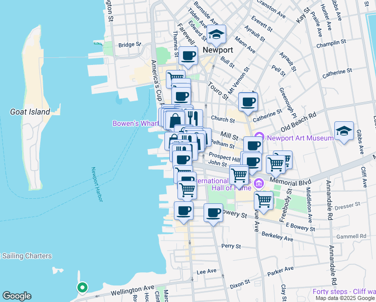 map of restaurants, bars, coffee shops, grocery stores, and more near 320 Thames Street in Newport