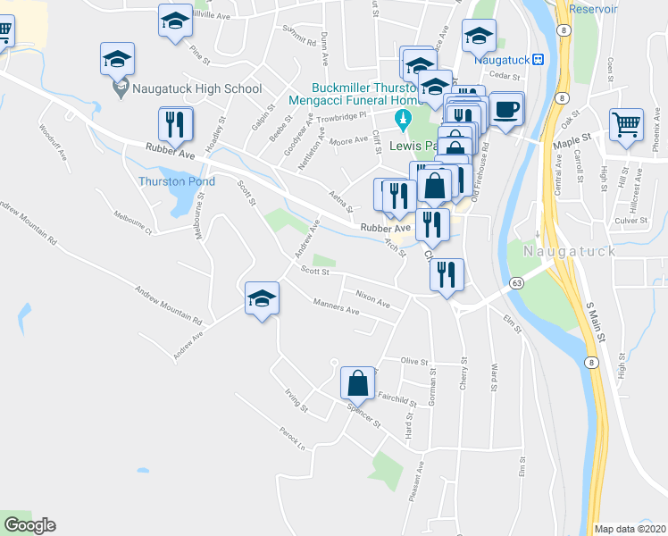 map of restaurants, bars, coffee shops, grocery stores, and more near 191 Scott Street in Naugatuck