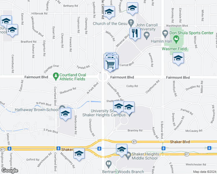 map of restaurants, bars, coffee shops, grocery stores, and more near 20550 University Boulevard in Shaker Heights