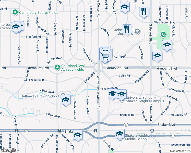 map of restaurants, bars, coffee shops, grocery stores, and more near 20300 North Park Boulevard in Shaker Heights