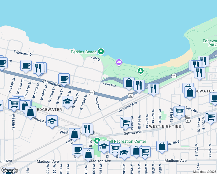 map of restaurants, bars, coffee shops, grocery stores, and more near 9845 Lake Avenue in Cleveland