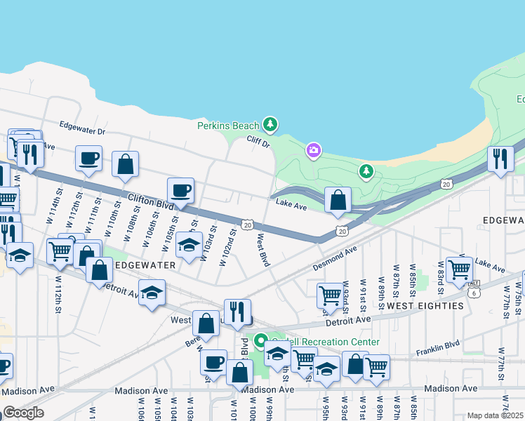 map of restaurants, bars, coffee shops, grocery stores, and more near 9907 Lake Avenue in Cleveland