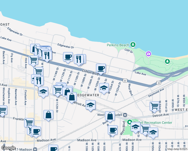 map of restaurants, bars, coffee shops, grocery stores, and more near 10603 Clifton Boulevard in Cleveland