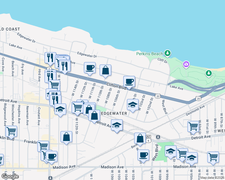 map of restaurants, bars, coffee shops, grocery stores, and more near 1264 West 108th Street in Cleveland