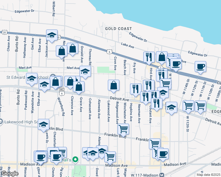 map of restaurants, bars, coffee shops, grocery stores, and more near 1358 Cove Avenue in Lakewood