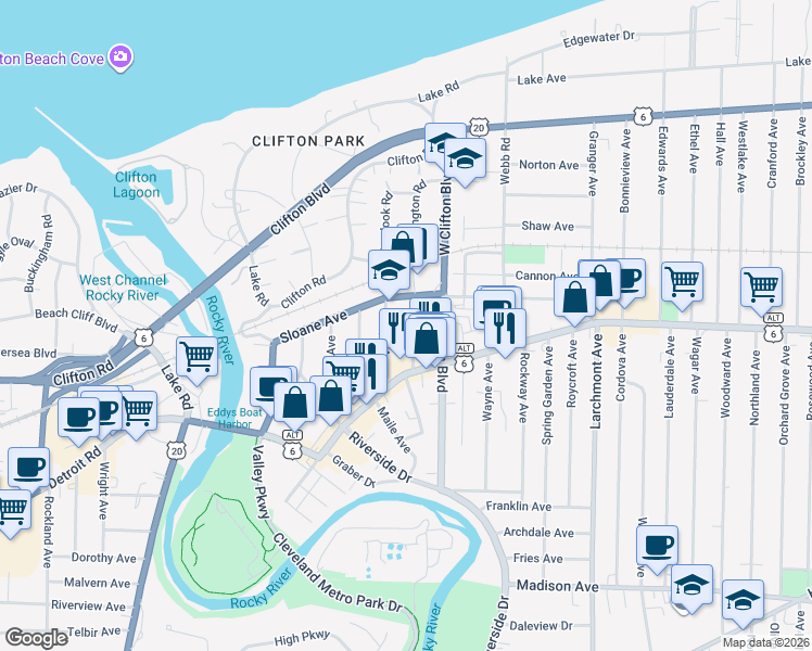 map of restaurants, bars, coffee shops, grocery stores, and more near 1347 Kenilworth Avenue in Lakewood