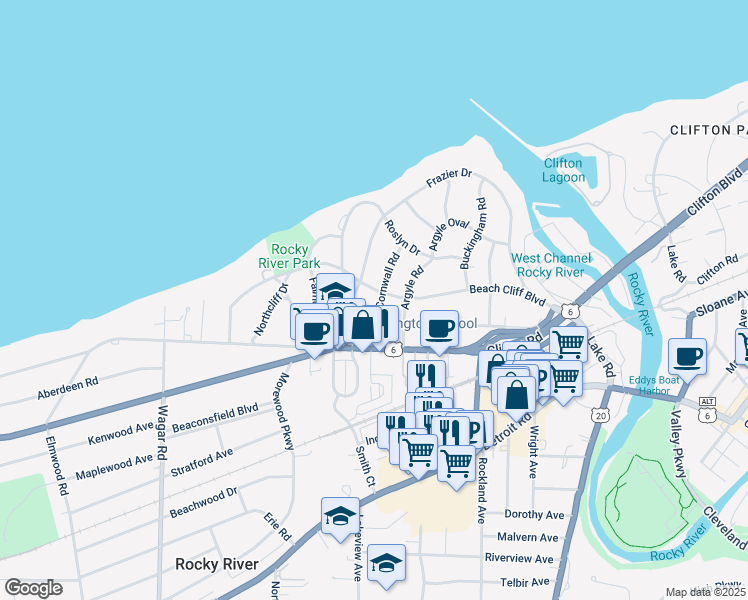 map of restaurants, bars, coffee shops, grocery stores, and more near 20025 Beach Cliff Boulevard in Rocky River
