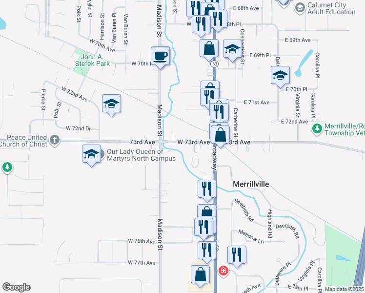 map of restaurants, bars, coffee shops, grocery stores, and more near 1-41 W Old Lincoln Hwy in Merrillville