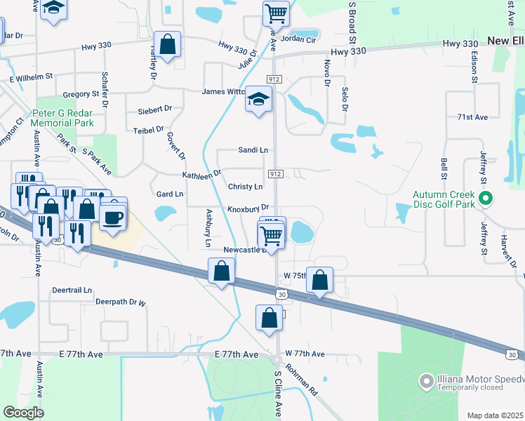 map of restaurants, bars, coffee shops, grocery stores, and more near 716-726 Knoxbury Drive in Schererville