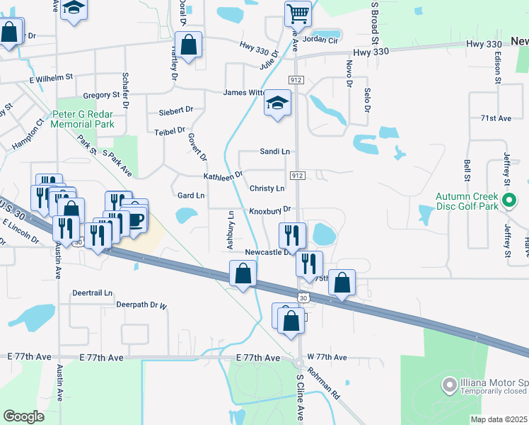 map of restaurants, bars, coffee shops, grocery stores, and more near 716-726 Knoxbury Drive in Schererville