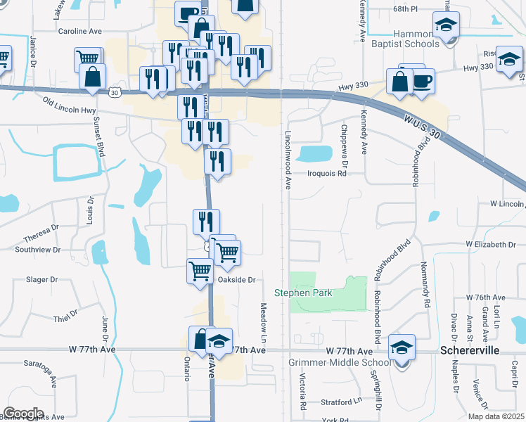 map of restaurants, bars, coffee shops, grocery stores, and more near 1306 Meadow Lane in Schererville