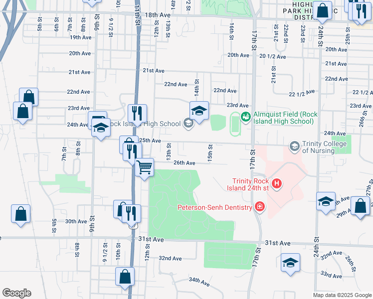 map of restaurants, bars, coffee shops, grocery stores, and more near 2500 15 St Ct in Rock Island