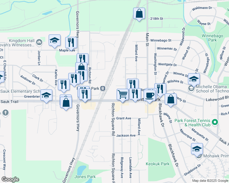 map of restaurants, bars, coffee shops, grocery stores, and more near 3774 Sauk Trail in Richton Park