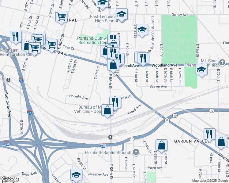 map of restaurants, bars, coffee shops, grocery stores, and more near 2695 East 55th Street in Cleveland