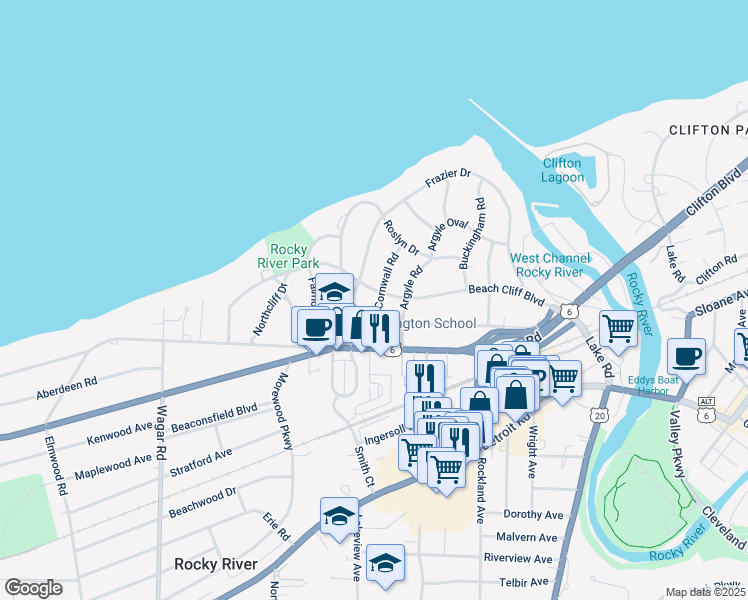 map of restaurants, bars, coffee shops, grocery stores, and more near 20025 Beach Cliff Boulevard in Rocky River