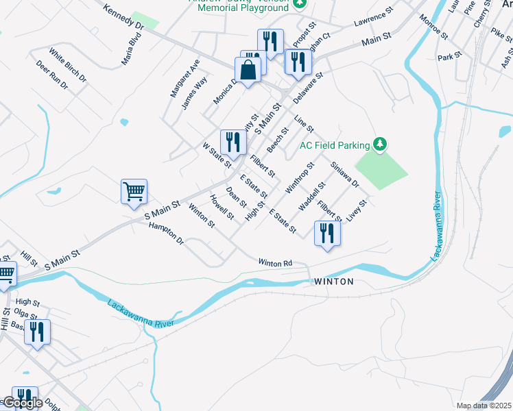 map of restaurants, bars, coffee shops, grocery stores, and more near 441 High Street in Archbald