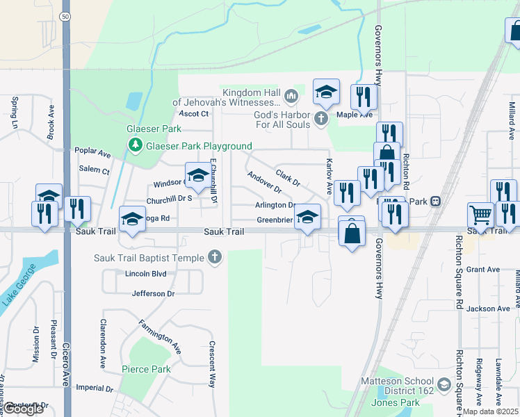map of restaurants, bars, coffee shops, grocery stores, and more near 4301 Arlington Drive in Richton Park