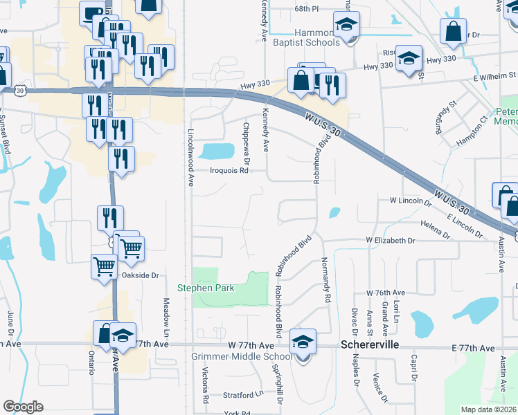 map of restaurants, bars, coffee shops, grocery stores, and more near 5 Hickory Pl in Schererville