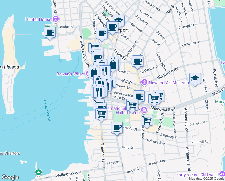 map of restaurants, bars, coffee shops, grocery stores, and more near 216 Spring Street in Newport