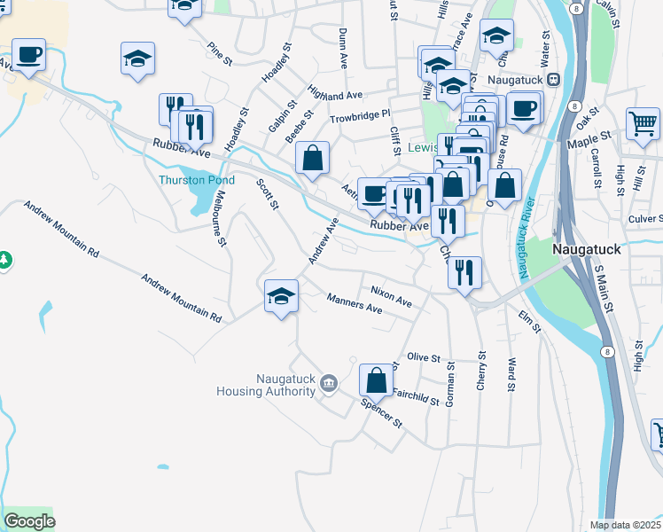 map of restaurants, bars, coffee shops, grocery stores, and more near 215 Scott Street in Naugatuck