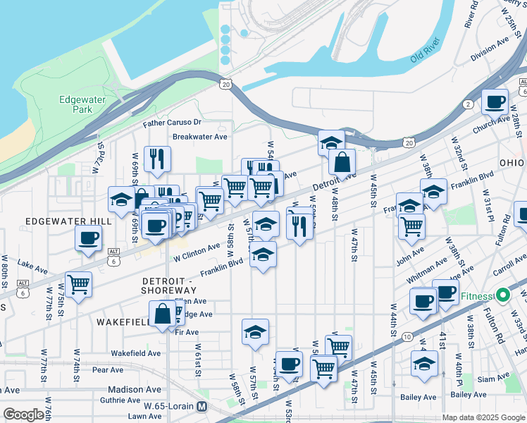map of restaurants, bars, coffee shops, grocery stores, and more near 5417 Detroit Avenue in Cleveland