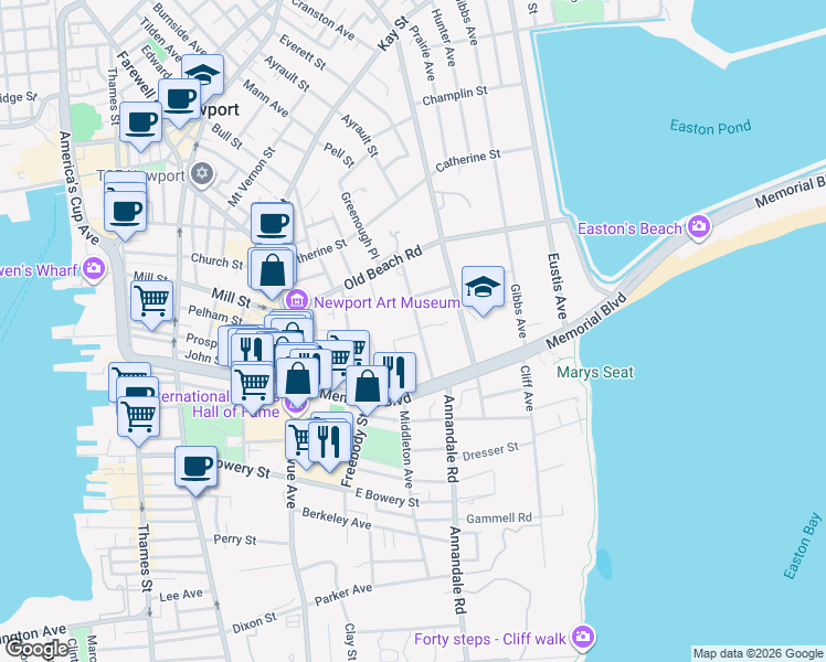 map of restaurants, bars, coffee shops, grocery stores, and more near 27 Red Cross Avenue in Newport