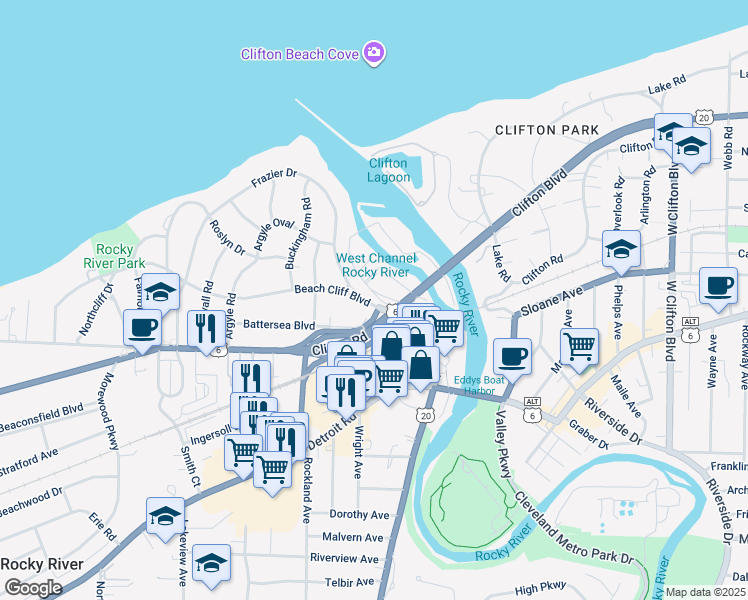 map of restaurants, bars, coffee shops, grocery stores, and more near 19204 Frazier Drive in Rocky River