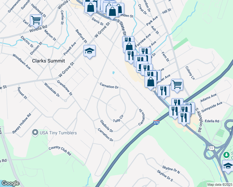 map of restaurants, bars, coffee shops, grocery stores, and more near 402 Tulip Circle in Clarks Summit