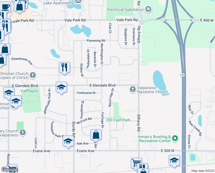 map of restaurants, bars, coffee shops, grocery stores, and more near 2402 East Glendale Boulevard in Valparaiso