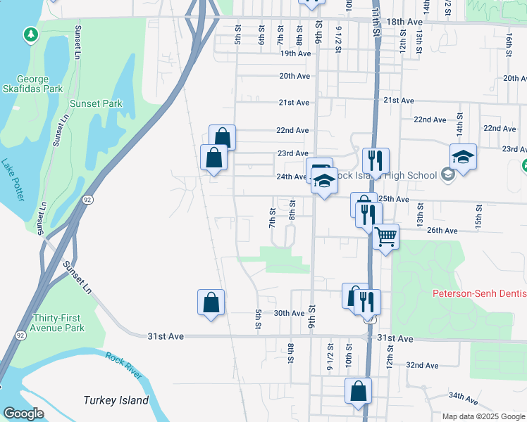 map of restaurants, bars, coffee shops, grocery stores, and more near 623 26th Avenue in Rock Island