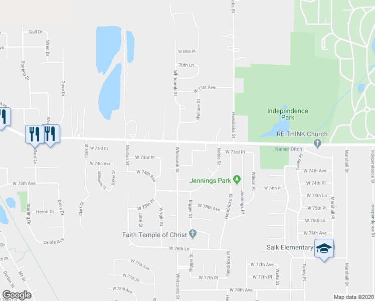 map of restaurants, bars, coffee shops, grocery stores, and more near 3780 West 73rd Place in Merrillville