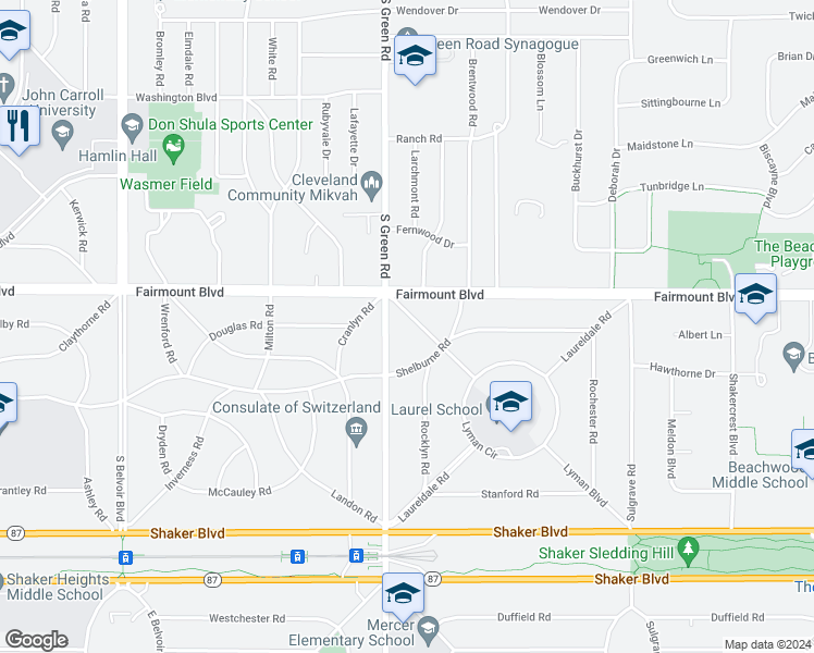 map of restaurants, bars, coffee shops, grocery stores, and more near 23176 Lyman Boulevard in Shaker Heights