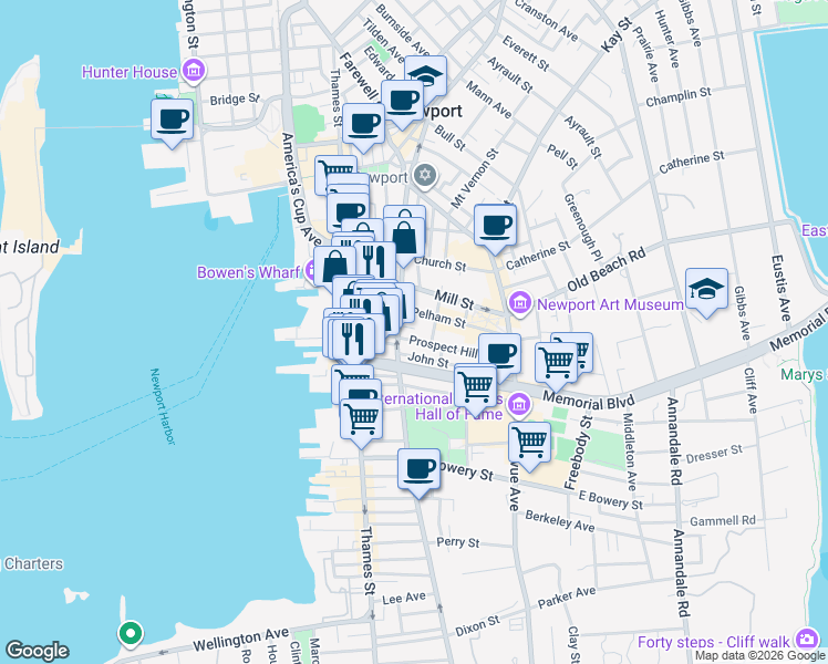 map of restaurants, bars, coffee shops, grocery stores, and more near 209 Spring Street in Newport