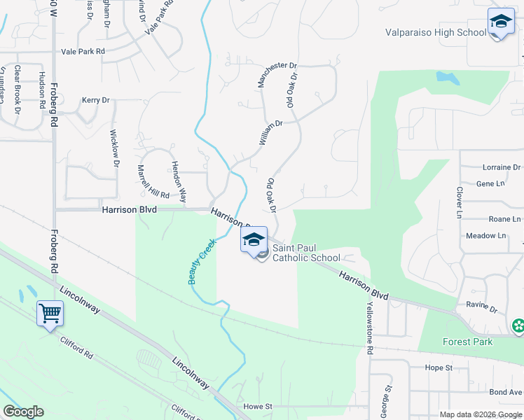 map of restaurants, bars, coffee shops, grocery stores, and more near 1798 Sherwood Court in Valparaiso