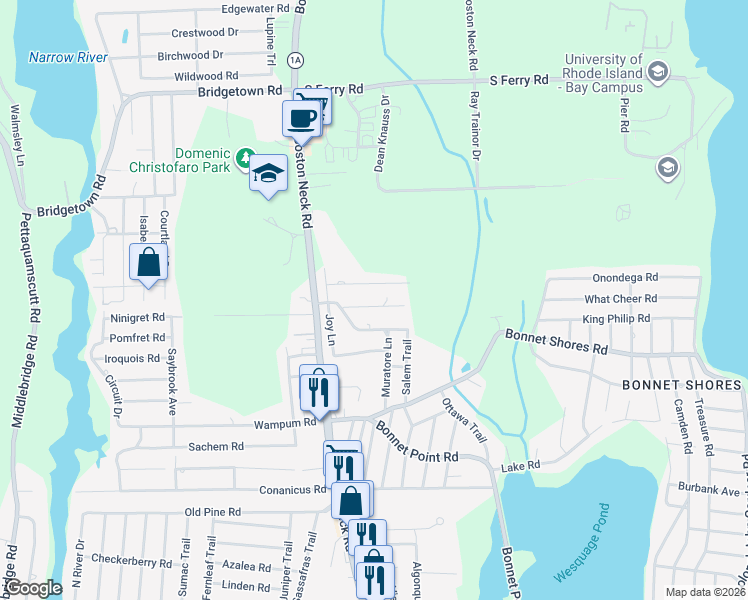 map of restaurants, bars, coffee shops, grocery stores, and more near 16 Lilly Lane in Narragansett