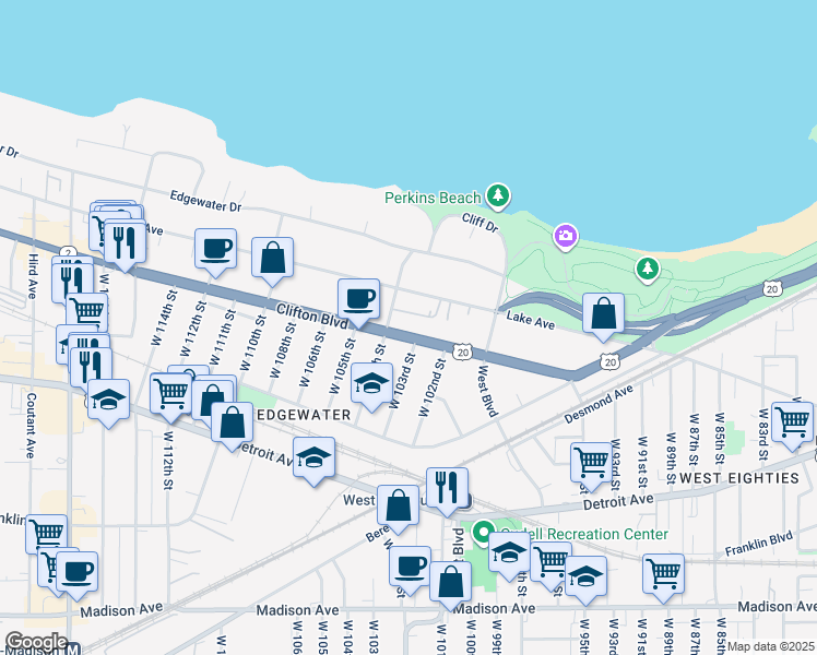 map of restaurants, bars, coffee shops, grocery stores, and more near 10330 Clifton Boulevard in Cleveland