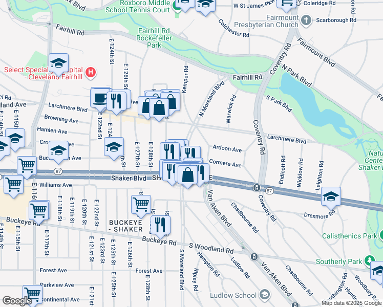 map of restaurants, bars, coffee shops, grocery stores, and more near 2661 North Moreland Boulevard in Cleveland