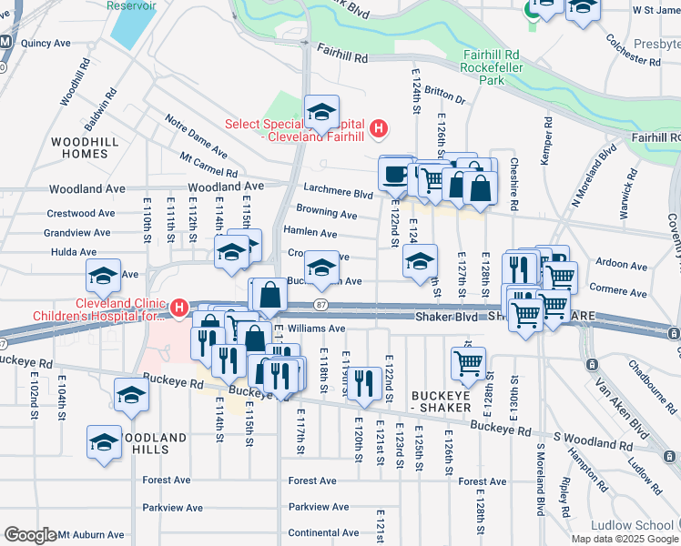 map of restaurants, bars, coffee shops, grocery stores, and more near 11821 Buckingham Avenue in Cleveland