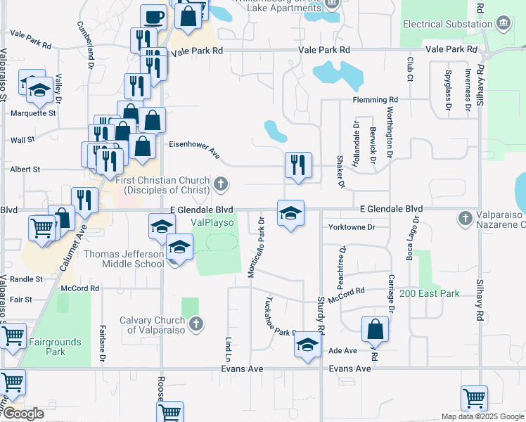 map of restaurants, bars, coffee shops, grocery stores, and more near 1673 East Glendale Boulevard in Valparaiso