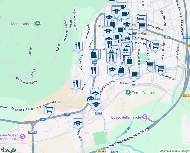 map of restaurants, bars, coffee shops, grocery stores, and more near 206 Via Gaetano di Biasio in Cassino
