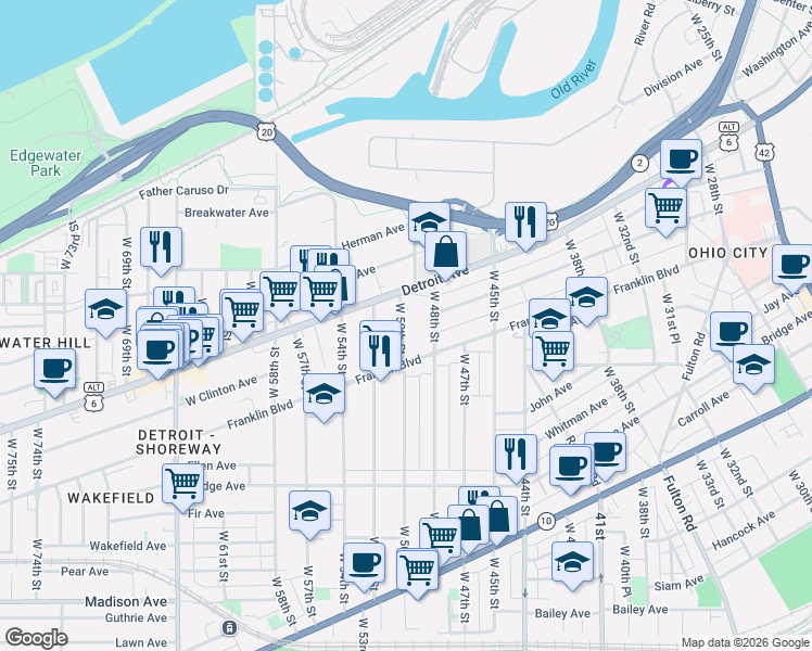 map of restaurants, bars, coffee shops, grocery stores, and more near 1428 West 50th Street in Cleveland