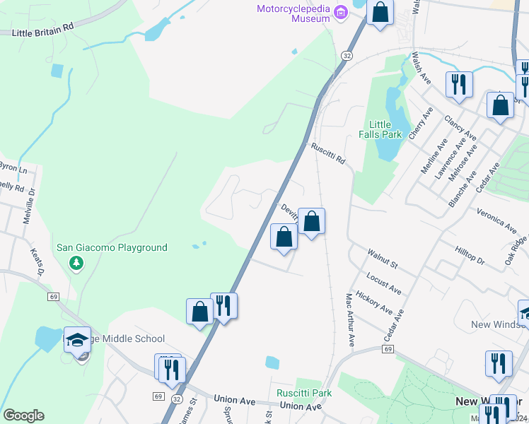 map of restaurants, bars, coffee shops, grocery stores, and more near 90 Windsor Highway in New Windsor
