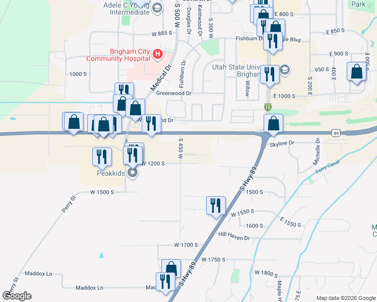 map of restaurants, bars, coffee shops, grocery stores, and more near 207 West 1175 South in Brigham City