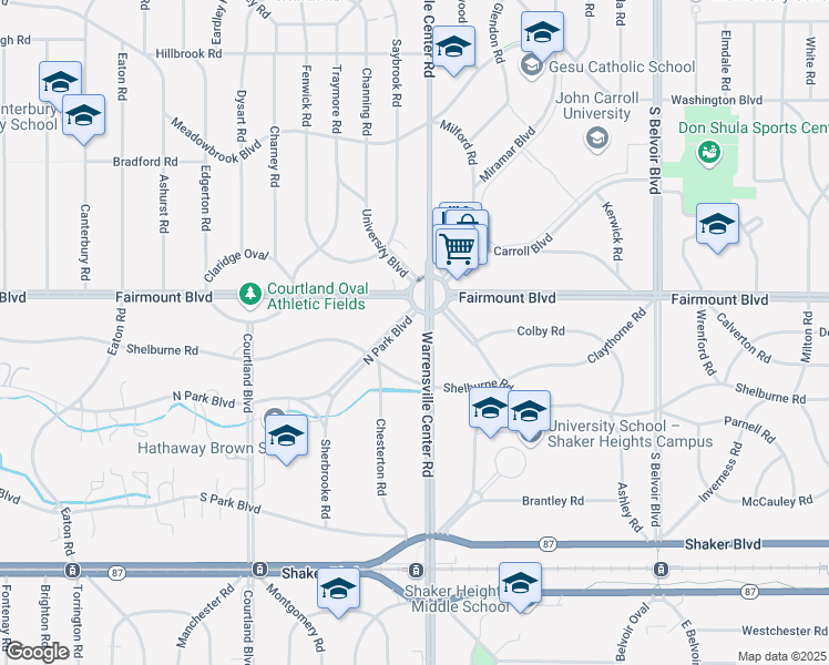 map of restaurants, bars, coffee shops, grocery stores, and more near 20300 North Park Boulevard in Shaker Heights