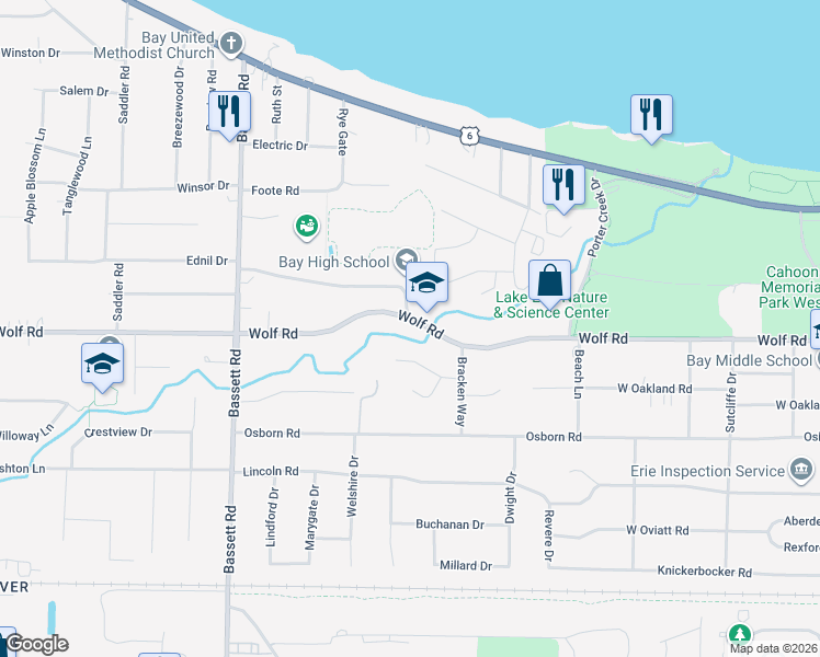 map of restaurants, bars, coffee shops, grocery stores, and more near 29275 Wolf Road in Bay Village