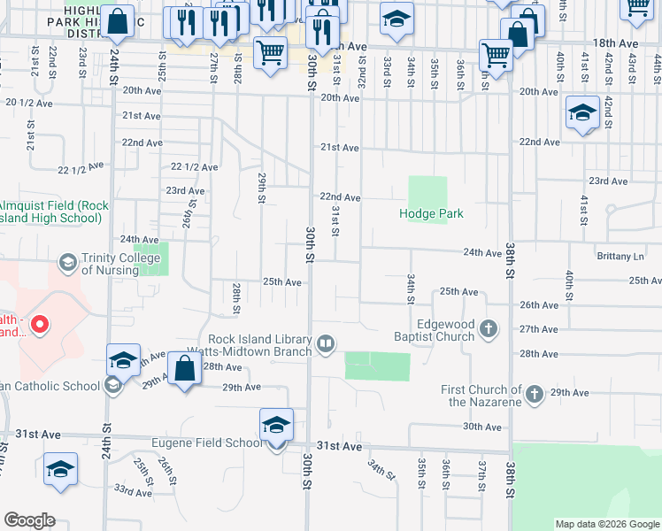 map of restaurants, bars, coffee shops, grocery stores, and more near 3014 25th Avenue in Rock Island