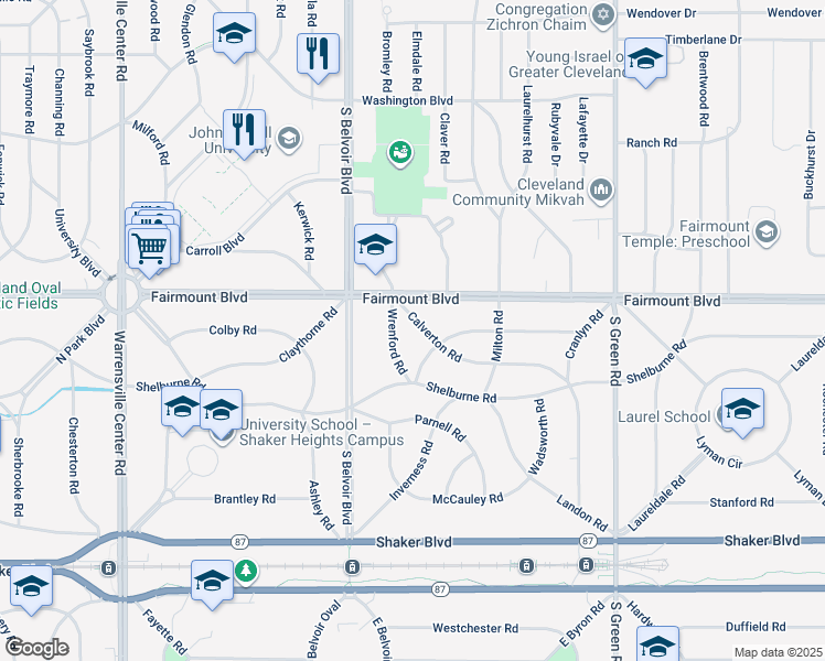 map of restaurants, bars, coffee shops, grocery stores, and more near 21976 Calverton Road in Shaker Heights