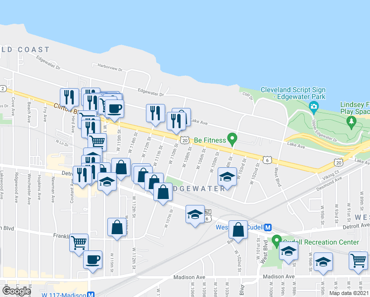 map of restaurants, bars, coffee shops, grocery stores, and more near 1264 West 108th Street in Cleveland