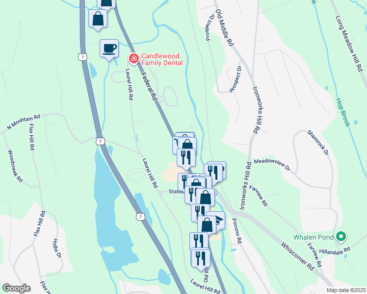 map of restaurants, bars, coffee shops, grocery stores, and more near 857 Federal Road in Brookfield
